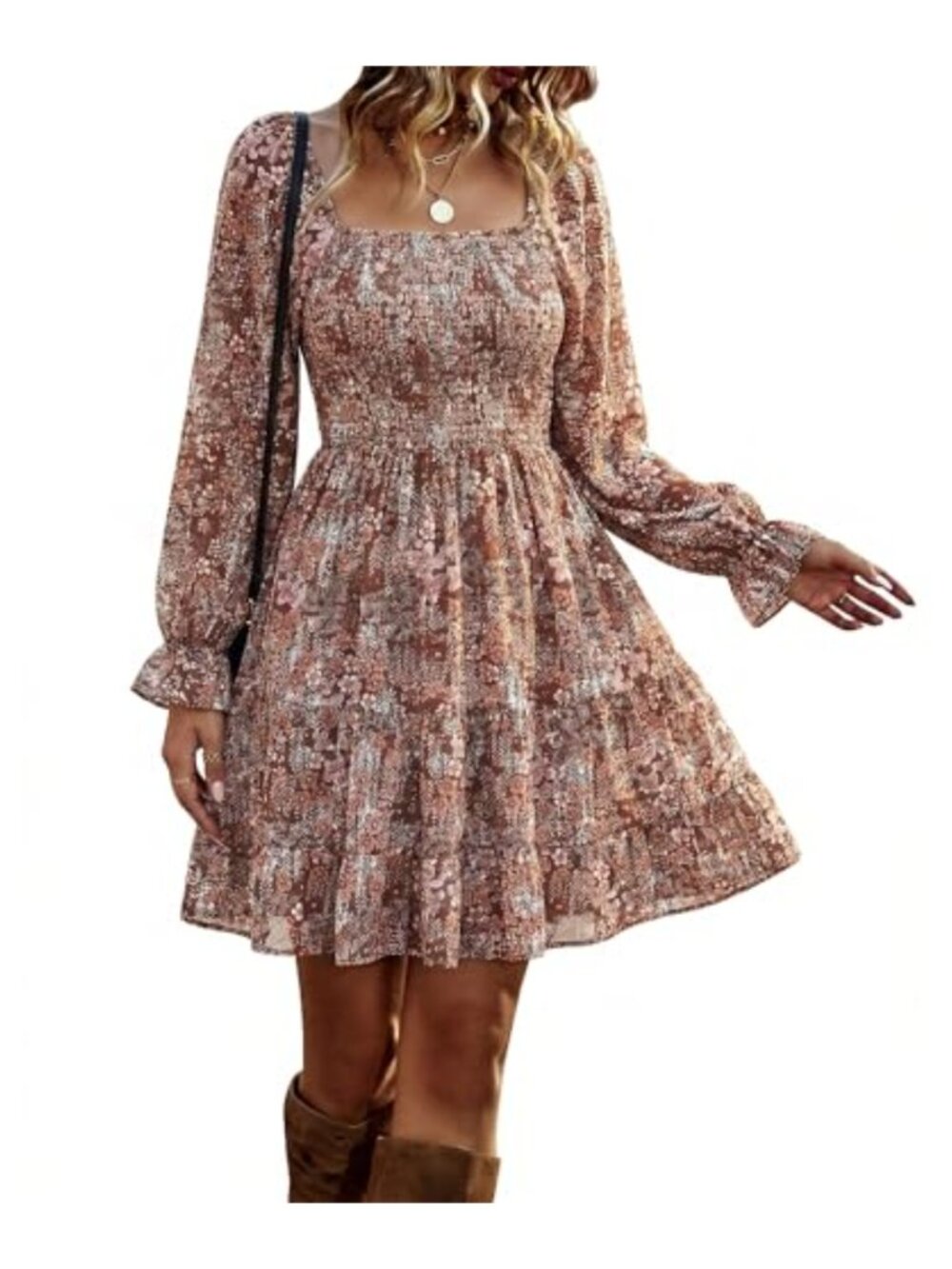Women's Long Sleeve Ruffle Hem Floral Mini Dress Square Neck Smocked Boho